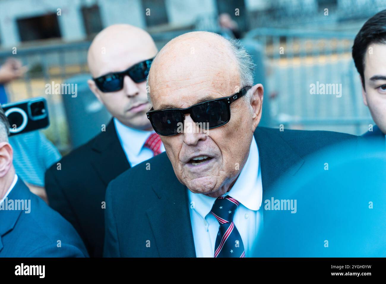 New York, USA. 07th Nov, 2024. Former New York City Mayor Rudy Giuliani is seen entering the Daniel Patrick Moynihan Courthouse after failing to turn over assets on deadline in defamation case in Lower Manhattan, NY on Thursday, November 7, 2024. Ruby Freeman and daughter Wandrea Moss, former Georgia election workers, were awarded the assets after Giuliani was found guilty of spreading falsehoods about Georgia ballot fraud in 2020 which resulted in racist harassment and death threats against the two workers. (Photo by Cristina Matuozzi/SIPA USA) Credit: Sipa USA/Alamy Live News Stock Photo