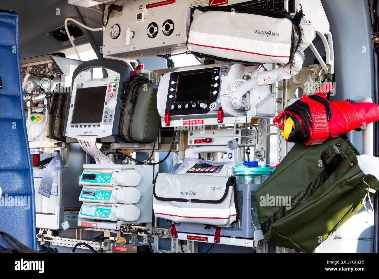 Interior view of a Airbus H145 LUH rescue helicopter with medical emergency equipment. Fassberg, Germany - Jun 8, 2024 Stock Photo