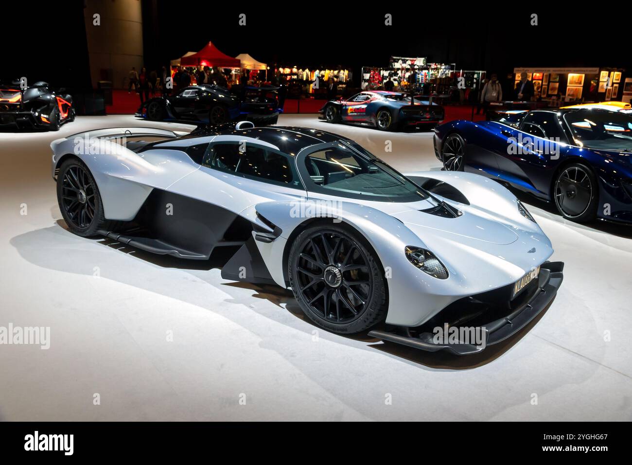 Aston Martin Valkyrie hybrid sports car at the Geneva International Motor Show. Geneva, Switzerland - Feb 26, 2024 Stock Photo
