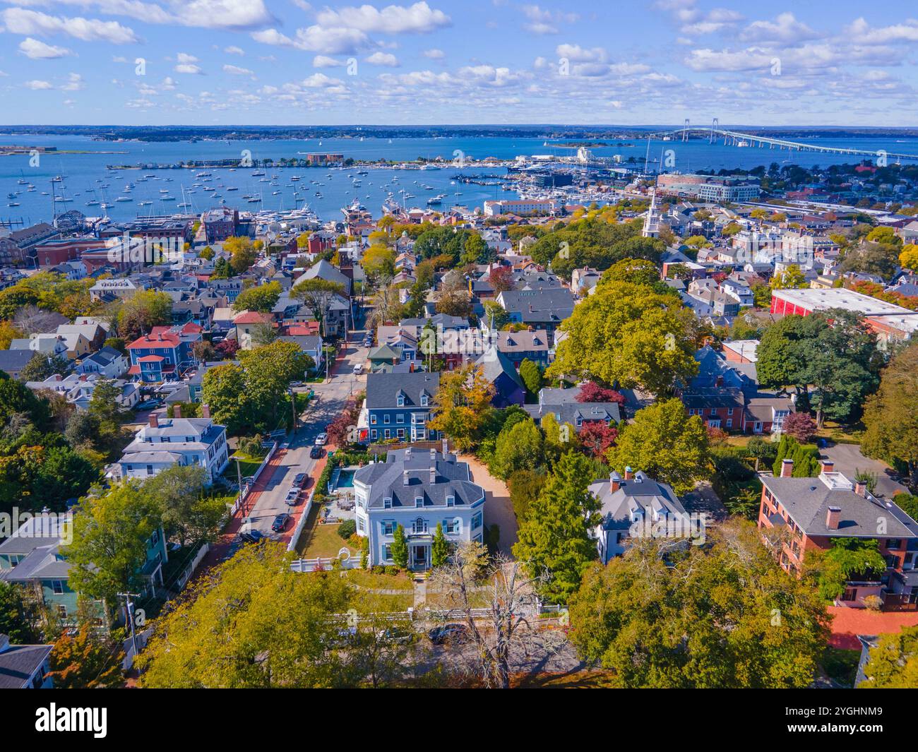 Newport Harbor aerial view in Narragansett Bay, city of Newport, Rhode Island RI, USA. Stock Photo