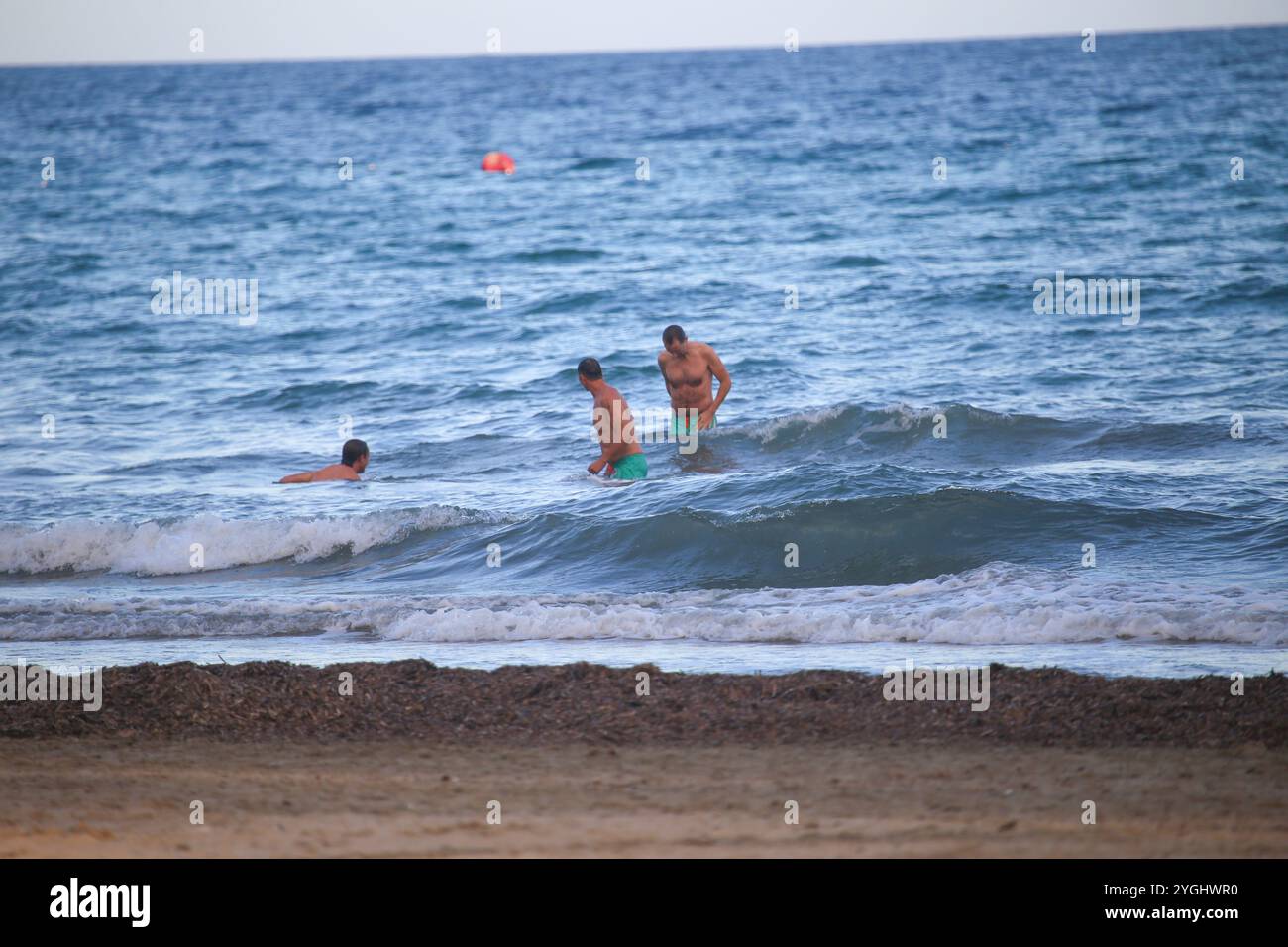 Alicante, Spain, 07th November, 2024: Three men bathing at Playa del Postiguet during Daily life in Alicante, on 07 November 2024, in Alicante, Spain. Credit: Alberto Brevers / Alamy Live News. Stock Photo