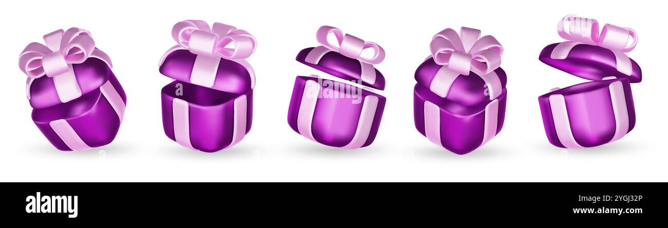 Set of realistic 3d render gift boxes. Purple gift box with pink bow ...