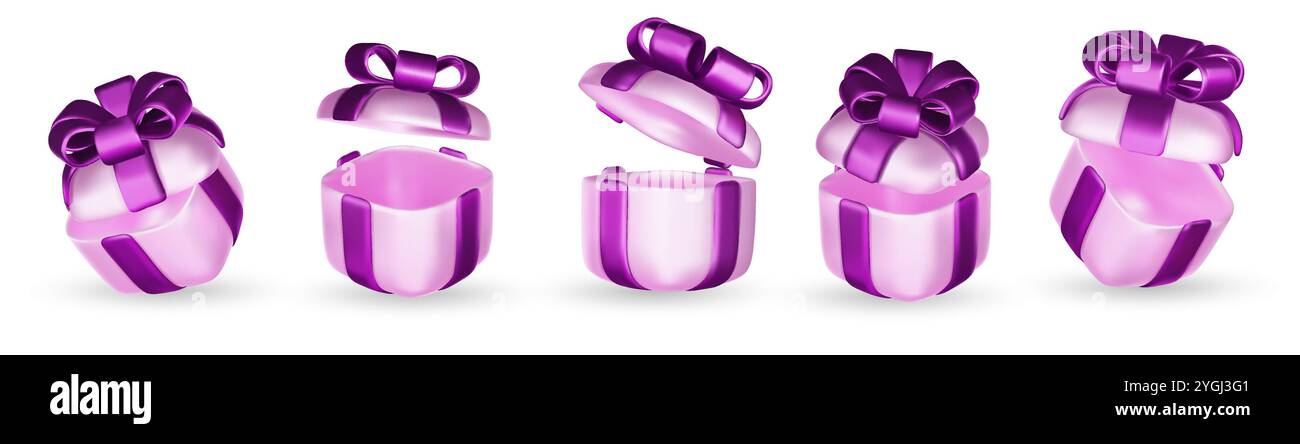 Set of realistic 3d render gift boxes. Purple gift box with pink bow ...
