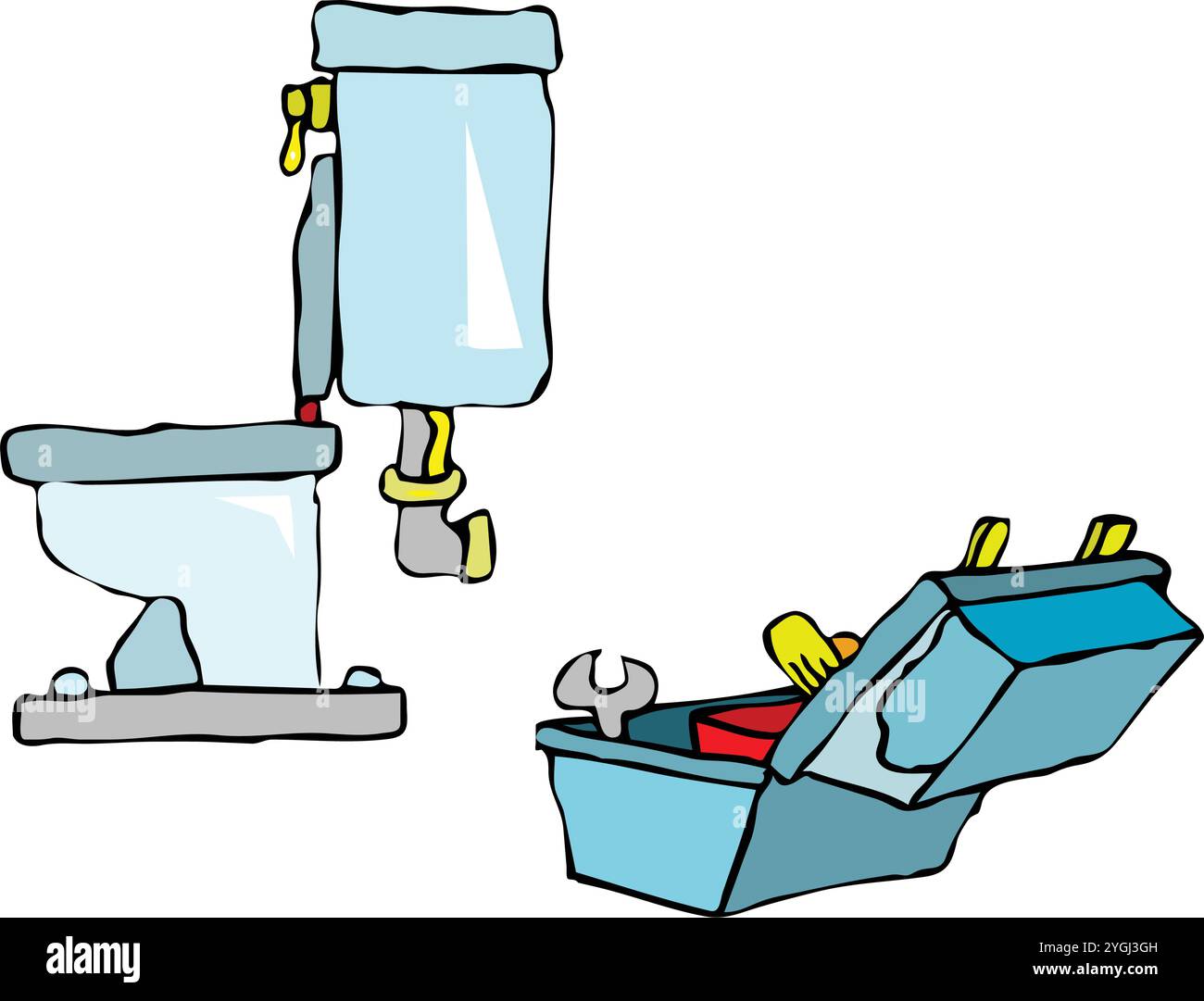 abstract vector illustration shows a wrench and toolbox fixing a toilet . Stock Vector