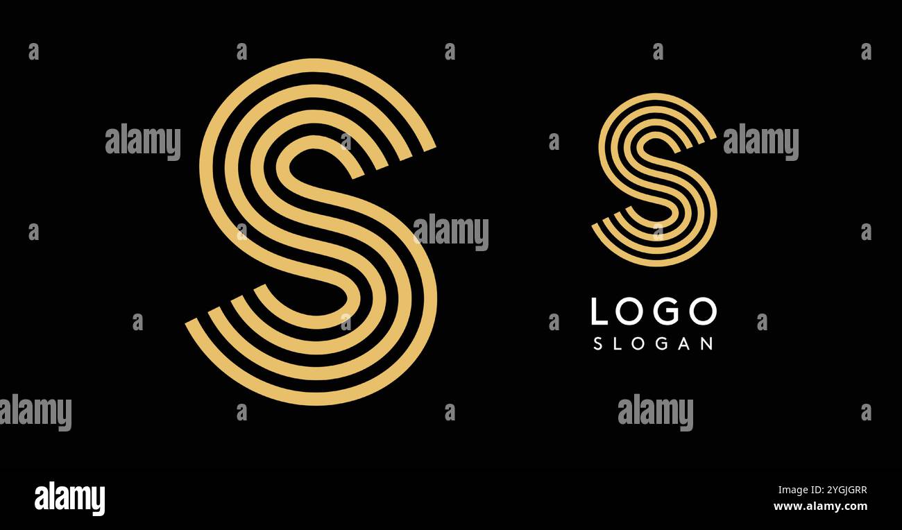 Geometric golden letter S with concentric lines on black background ...