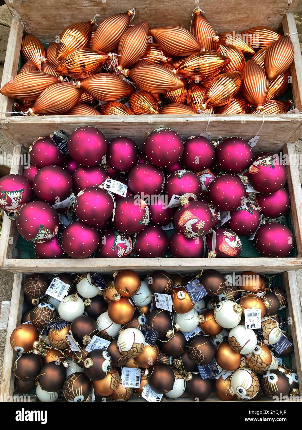 Selection of Christmas Tree baubles for sale - Smartphone Captured Stock Image