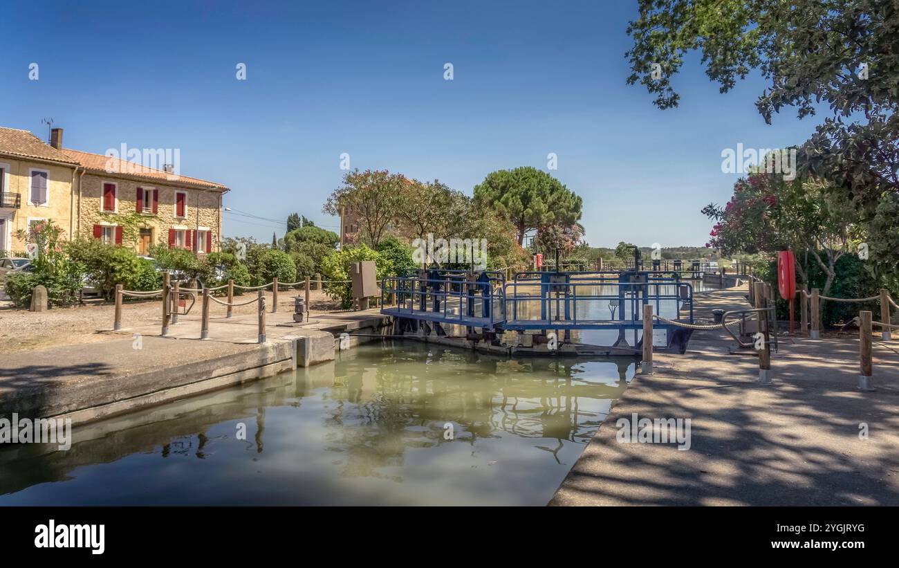 Canal du Midi near Salleles d'Aude. The canal was completed in 1681. Designed by Pierre-Paul Riquet. A UNESCO World Heritage Site. Stock Photo