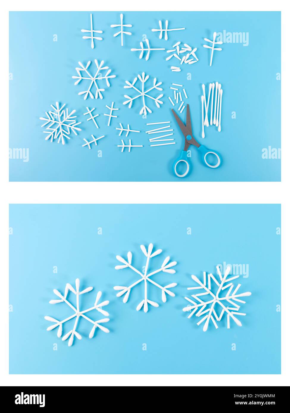 Step-by-step collage showing DIY cotton swab snowflake ornaments with ...