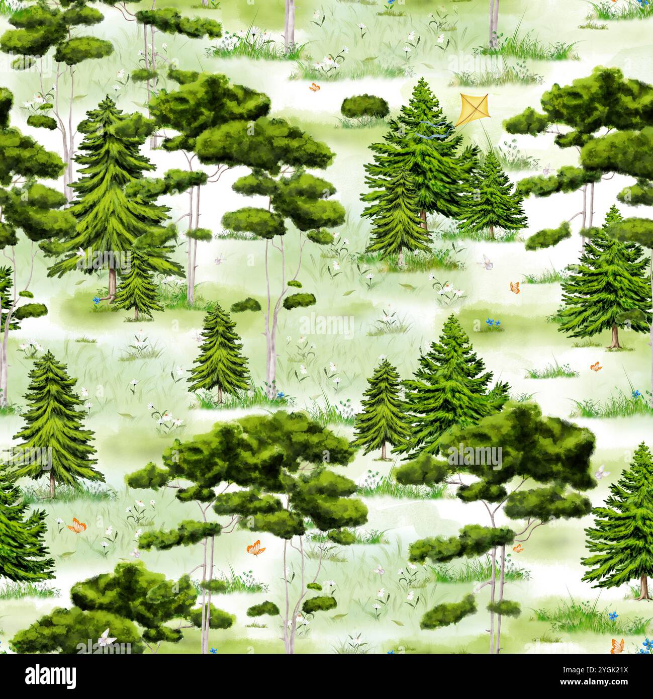 Green coniferous forest and meadows with flowers. Seamless pattern ...