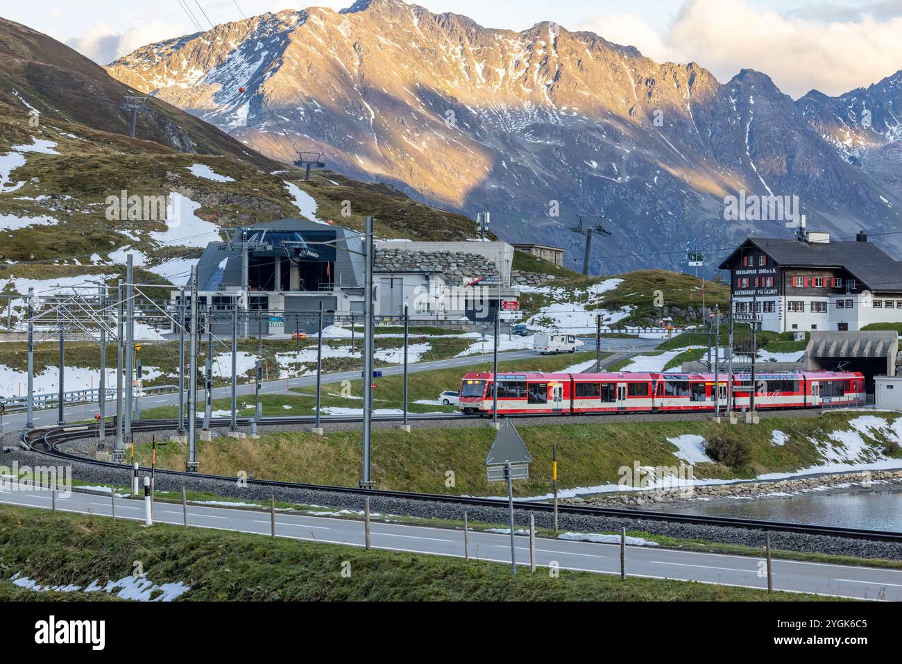 The Matterhorn-Gotthard Railway on the Oberalp Pass Stock Photo