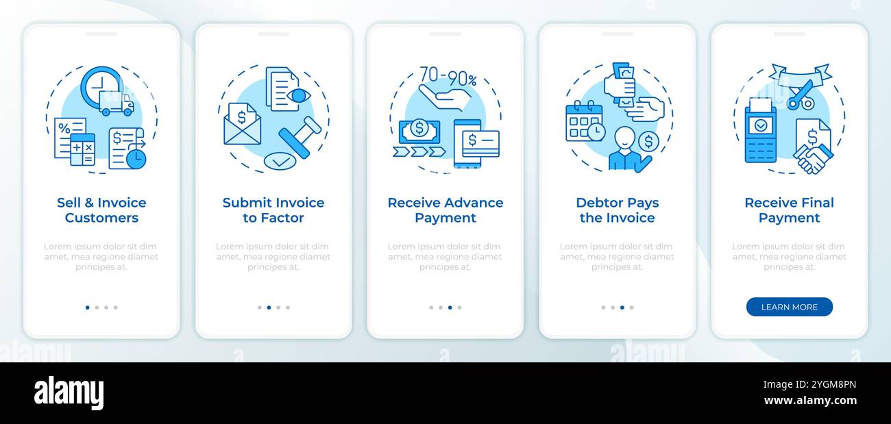 Factoring process phases blue onboarding mobile app screen Stock Vector ...