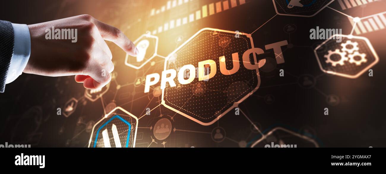 Business hand pushing product quality on virtual screen interface. Stock Photo