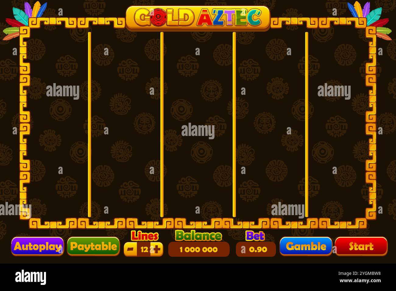 Casino slot machine game UI design, gambling mobile app concept for the Gold Aztec themed Casino Game. The Golden game user interface with basic Stock Vector