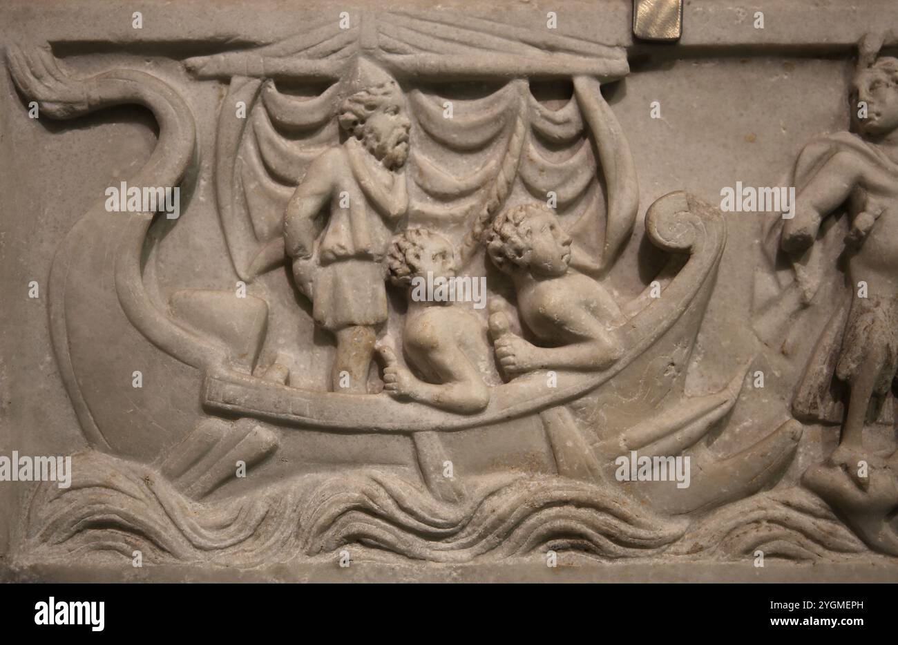 Roman sarcophagus dedicated to M. Aurelius Romanus. On the left. Homeric episode of the meeting of Olyseses and the sirens. Rome. National Roman Museu Stock Photo