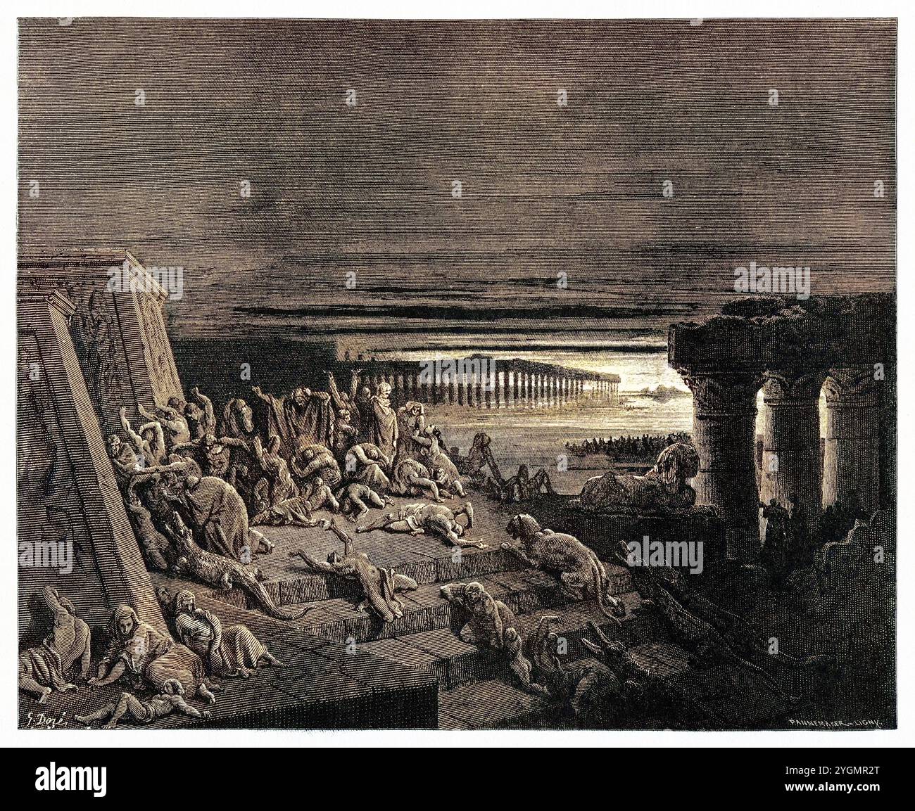 The Ninth Plague. The plague of darkness strikes Egypt. Old Testament. Antique digitally colored Biblical illustration by Gustave Doré (1832-1883) Stock Photo