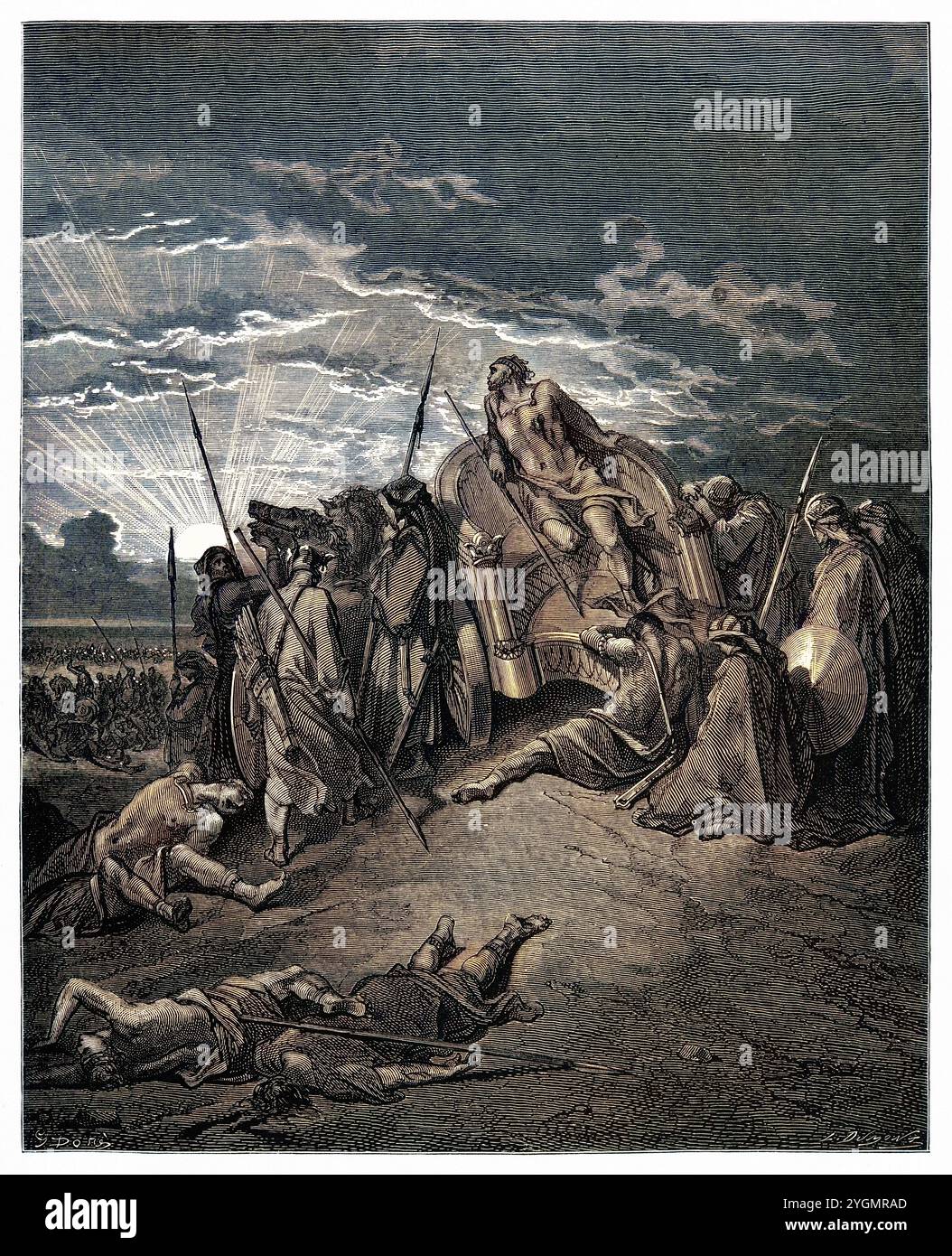 The death of King Ahab in his chariot. Old Testament. Antique digitally ...