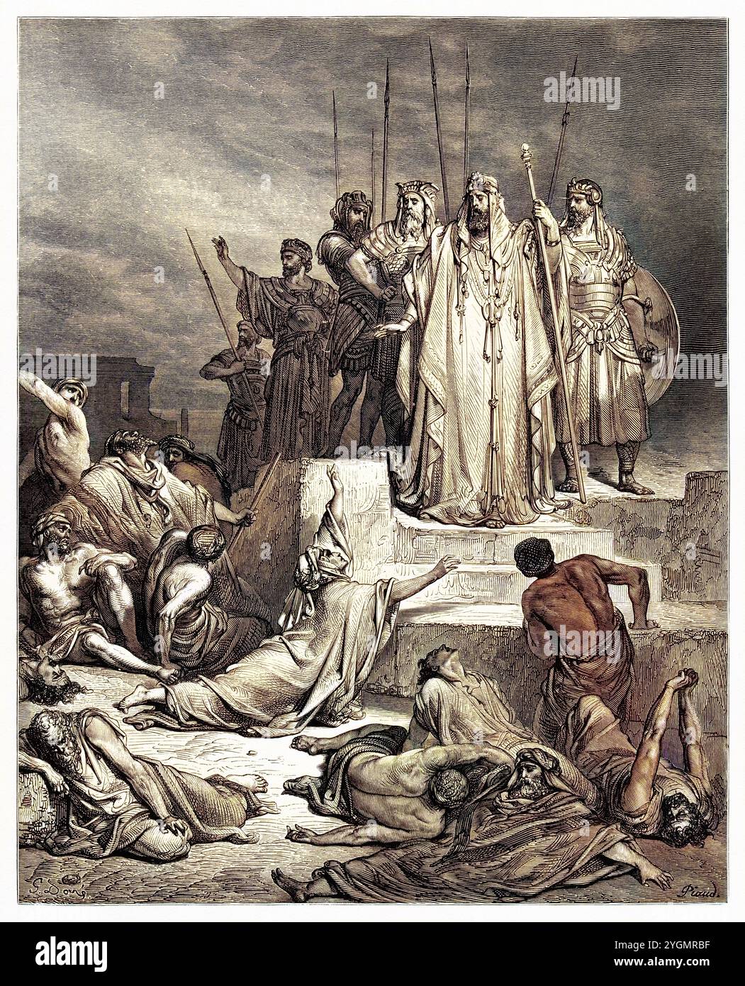 The famine in Samaria. The king of Syria besieged the city of Samaria and reduces it to a terrible famine. Old Testament. Antique digitally colored Biblical illustration by Gustave Doré (1832-1883) Stock Photo