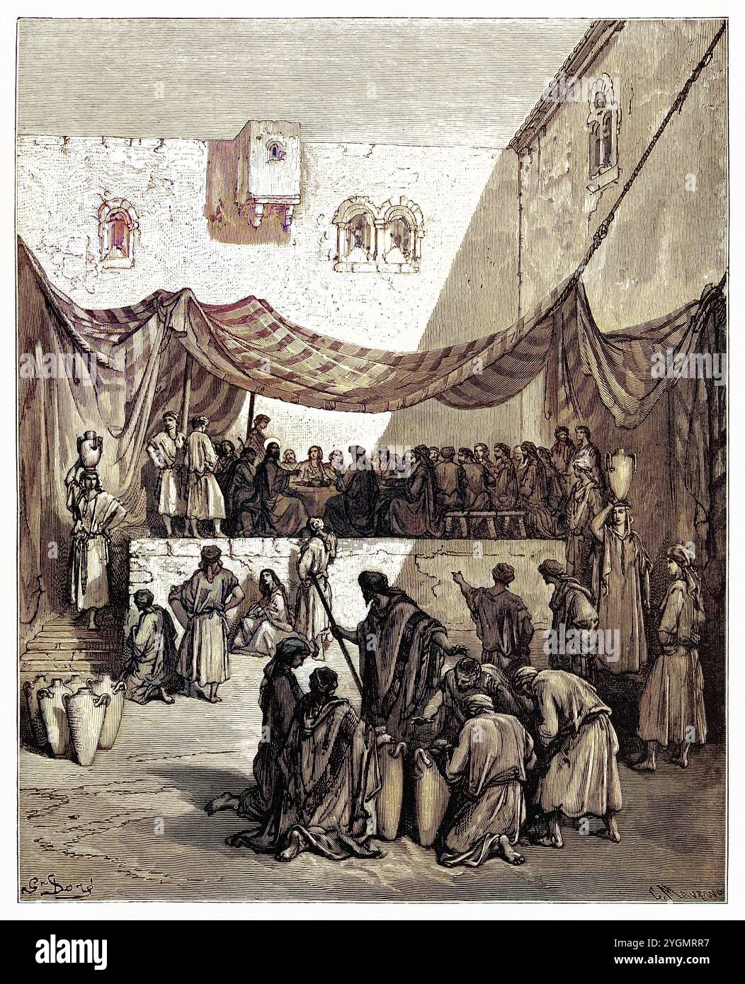 The Wedding at Cana of Galilee (John 2:1) New Testament. Antique digitally colored Biblical illustration by Gustave Doré (1832-1883) Stock Photo