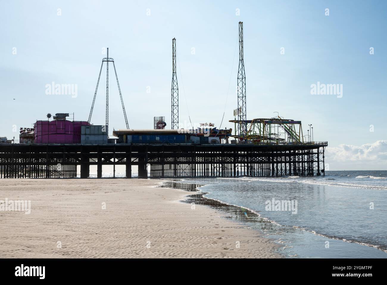 Outline of funfair on the South Pier at Blackpool on the coast of Lancashire, England. Stock Photo