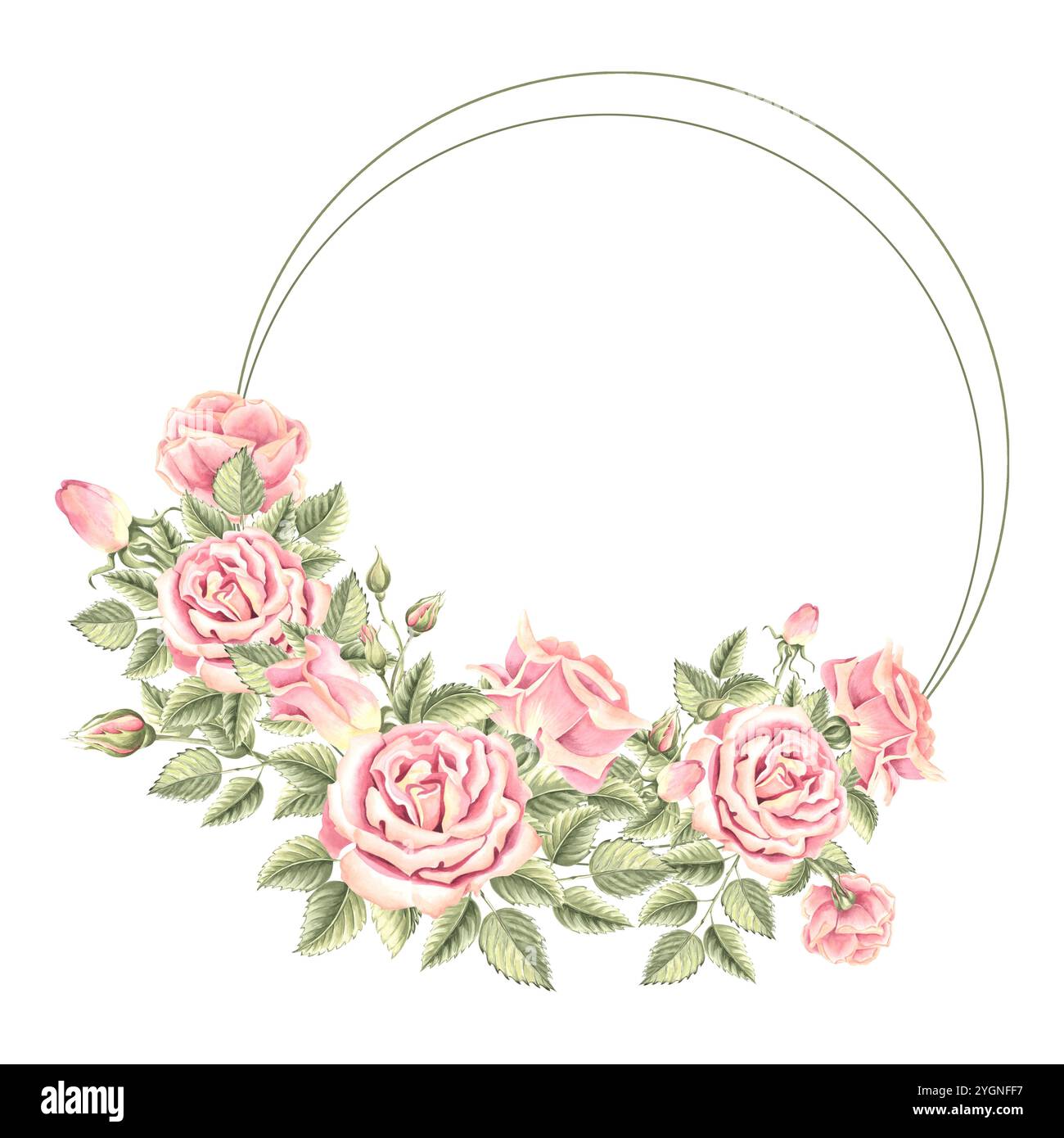 Roses flowers with green leaves. Spring wreath round frame. Hand drawn ...