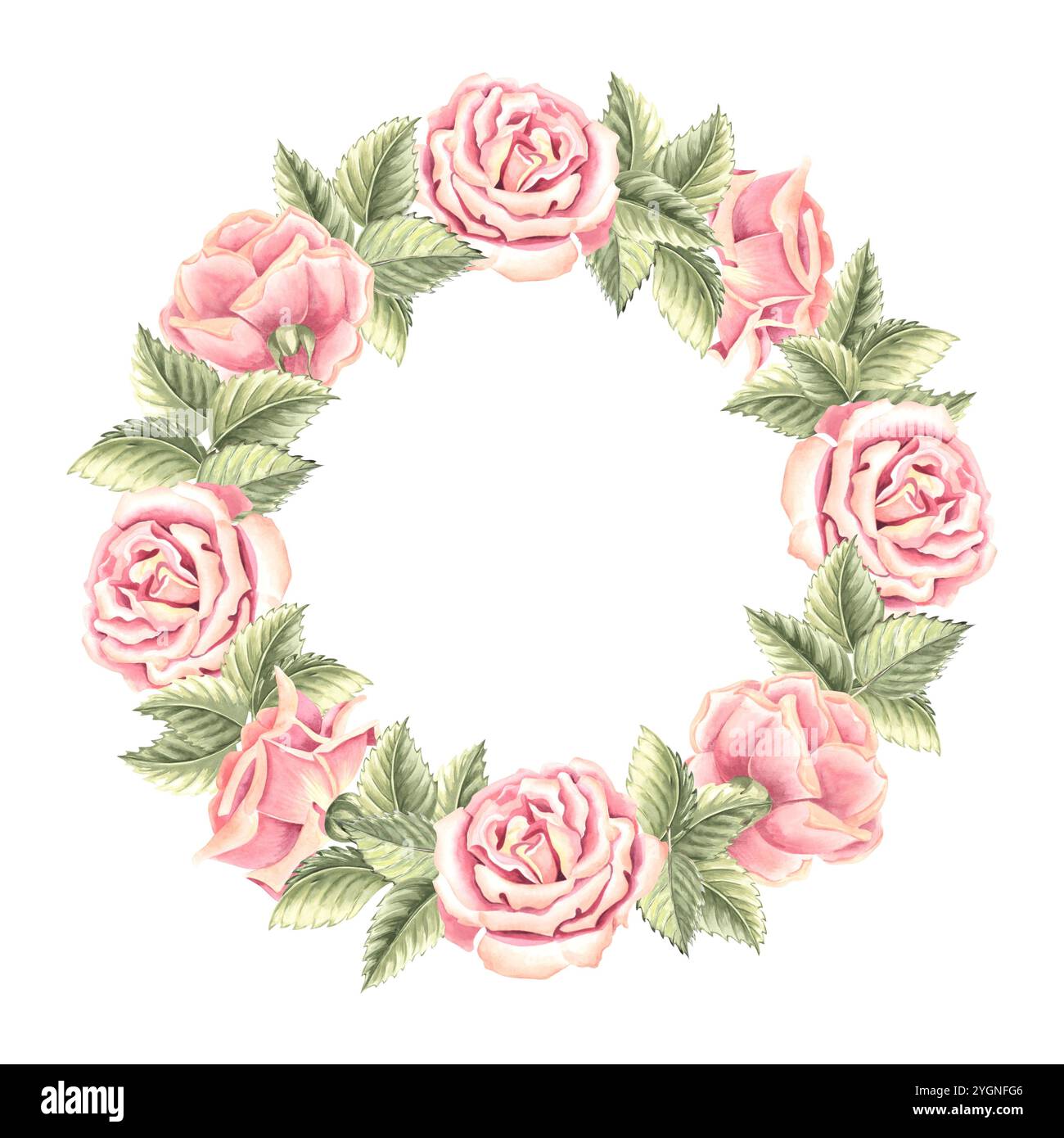 Roses flowers with green leaves. Spring wreath round frame. Hand drawn ...