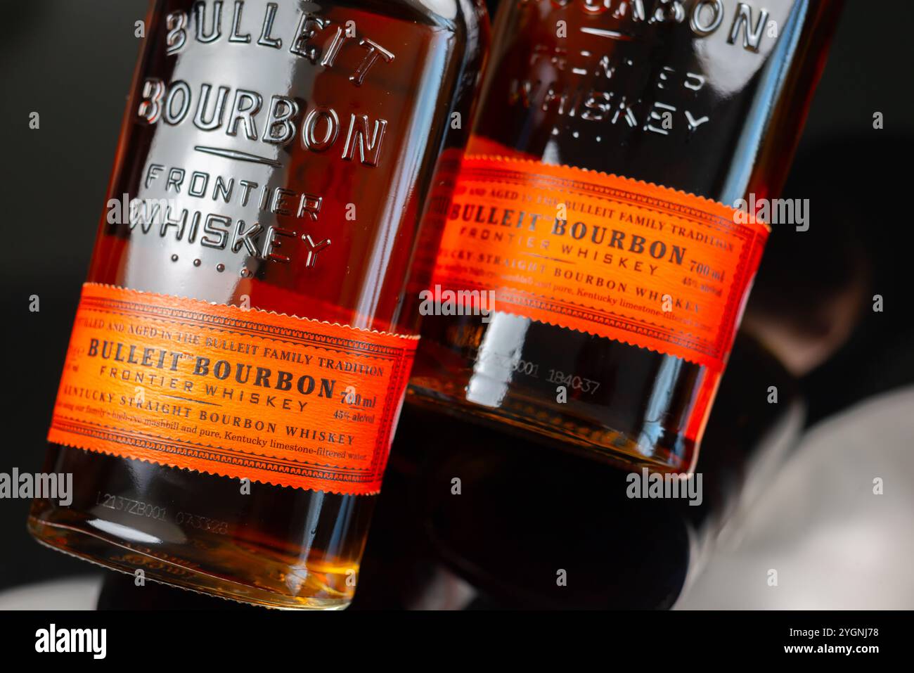 LONDON, UNITED KINGDOM - JUNE 12, 2024 Bottle of the Bulleit Bourbon, a brand of Kentucky straight bourbon whiskey produced at the Bulleit Distillerie Stock Photo