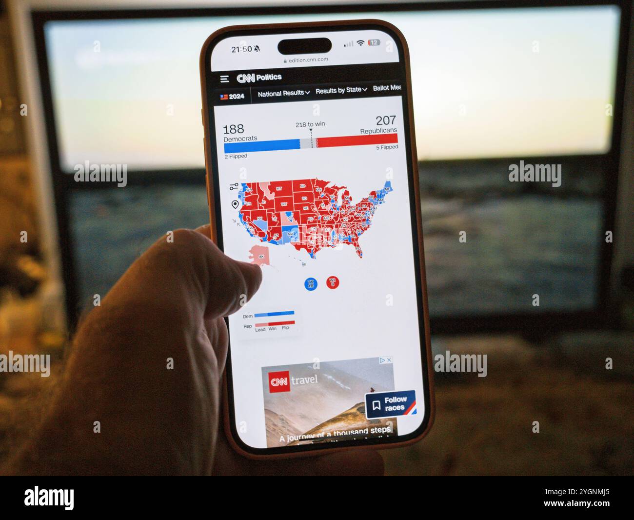 Paris, France Nov 6, 2024 A smartphone screen displays CNN's live