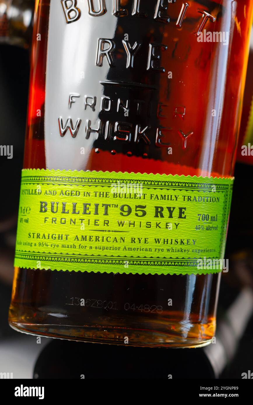 LONDON, UNITED KINGDOM - JUNE 12, 2024 Award-winning Bulleit 95 Rye pure rye whiskey with a distinct, spicy character and a smooth, clean finish Stock Photo