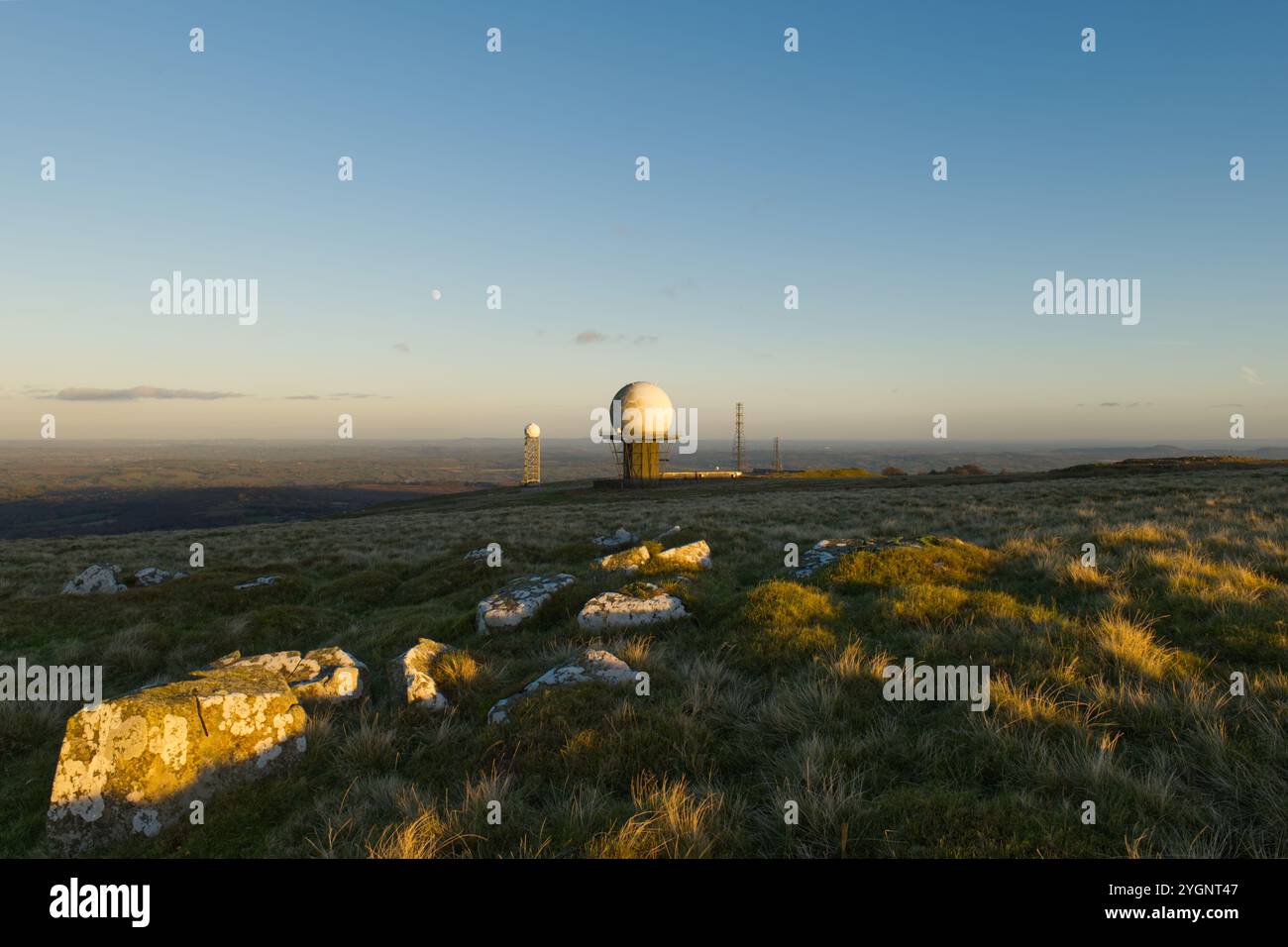 The summit of Shropshire's Titterstone Clee Hill, showing the NATS air traffic and smaller Met Office weather radar domes Stock Photo
