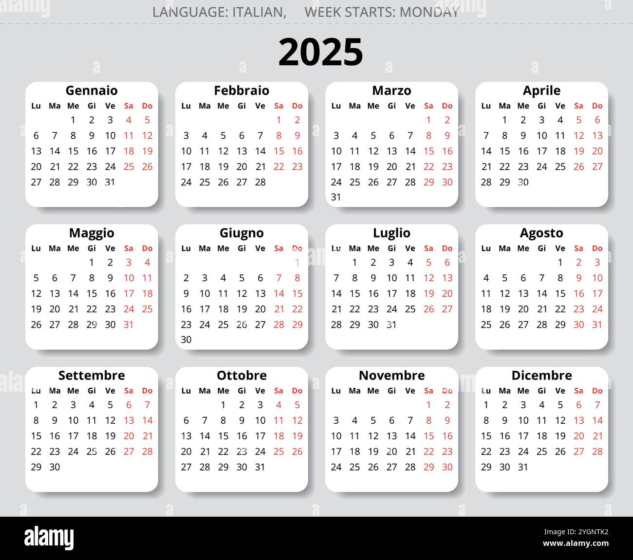 2025 year calendar. Italian language. With 12 months. Vector