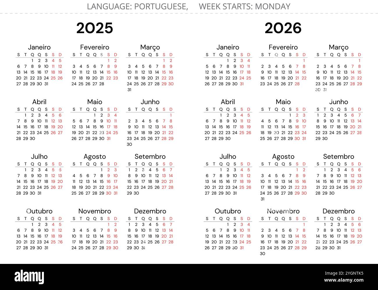 2025 and 2026 portuguese year calendars. Vector illustration set for