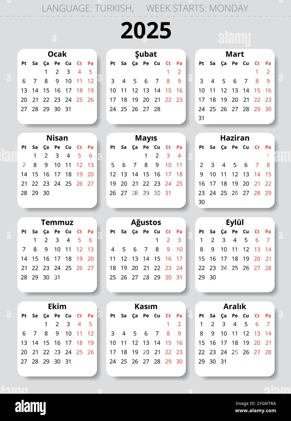 2025 year turkish business calendar (takvim). Vector printable