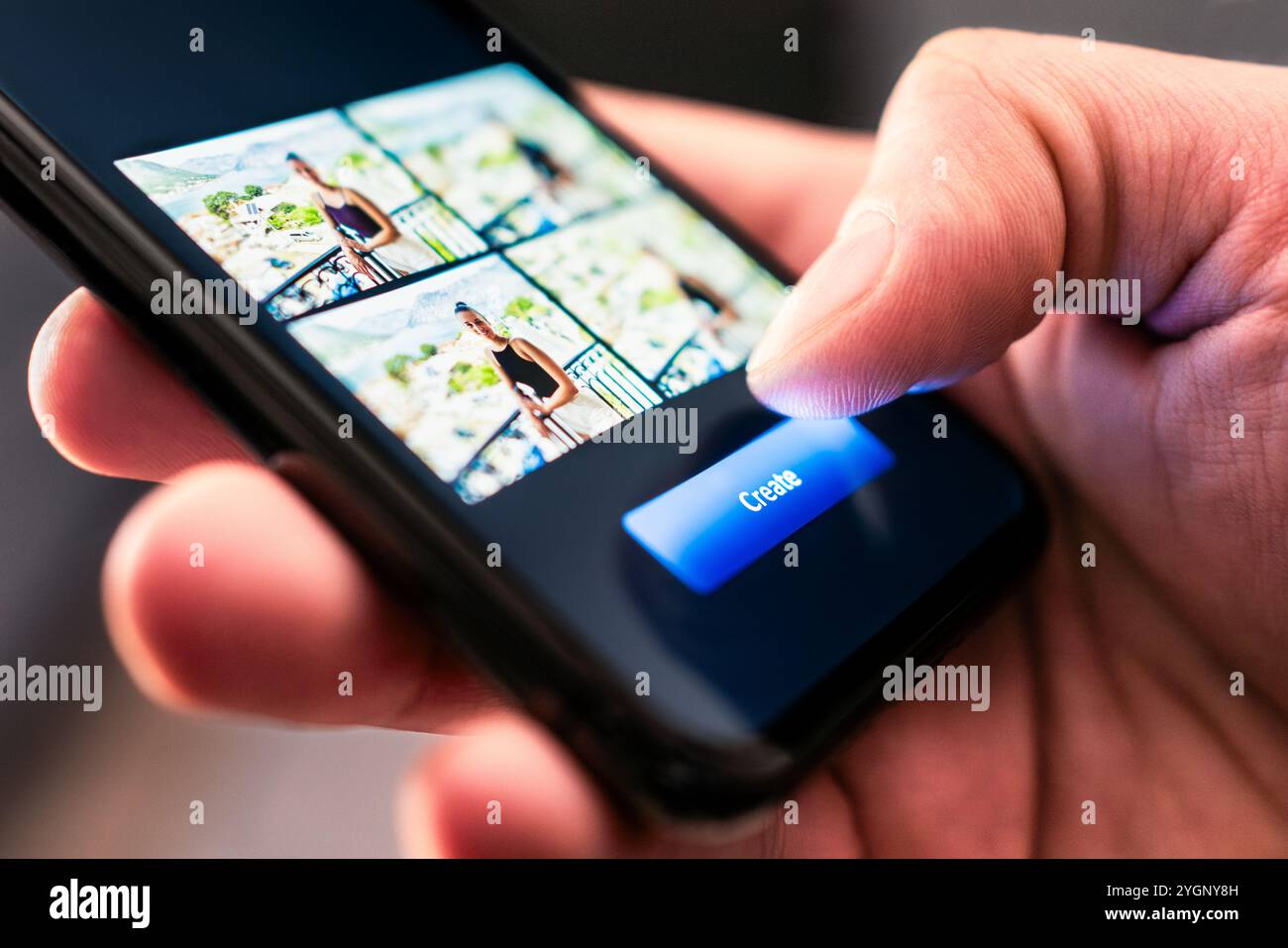 Ai image generator. Photo content by artificial intelligence in phone. Prompt from text to picture. Art work app. Computer generate. Stock Photo