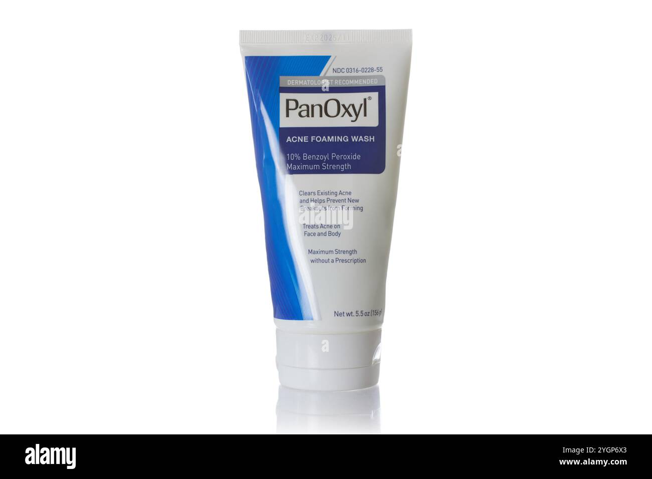 PanOxyl acne foaming wash, a acne treatment for face and body skin, maximum strength with ten percent benzoyl peroxide, on a white background with cop Stock Photo