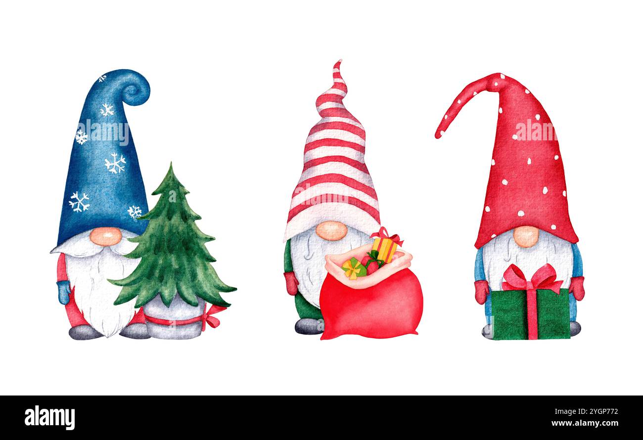 Set of hand drawn cute Christmas gnomes. Watercolor illustrations isolated on white background. New Year holiday design for cards, invitations Stock Photo