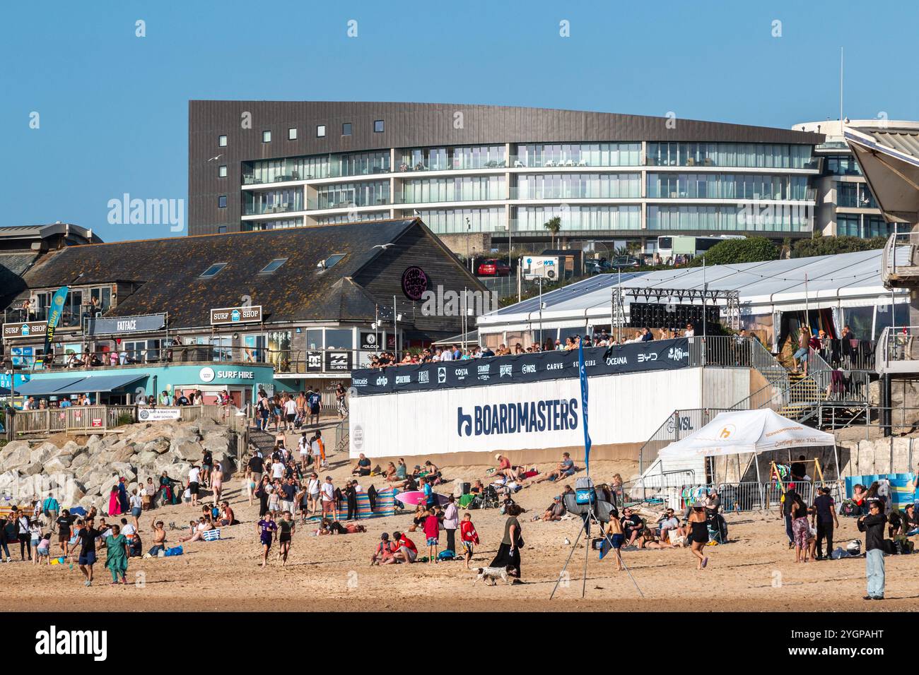 Crowd Enjoys A Sunny Day At Fistral Beach In Newquay During The Crowd Enjoys A Sunny Day At Fistral Beach In Newquay During The