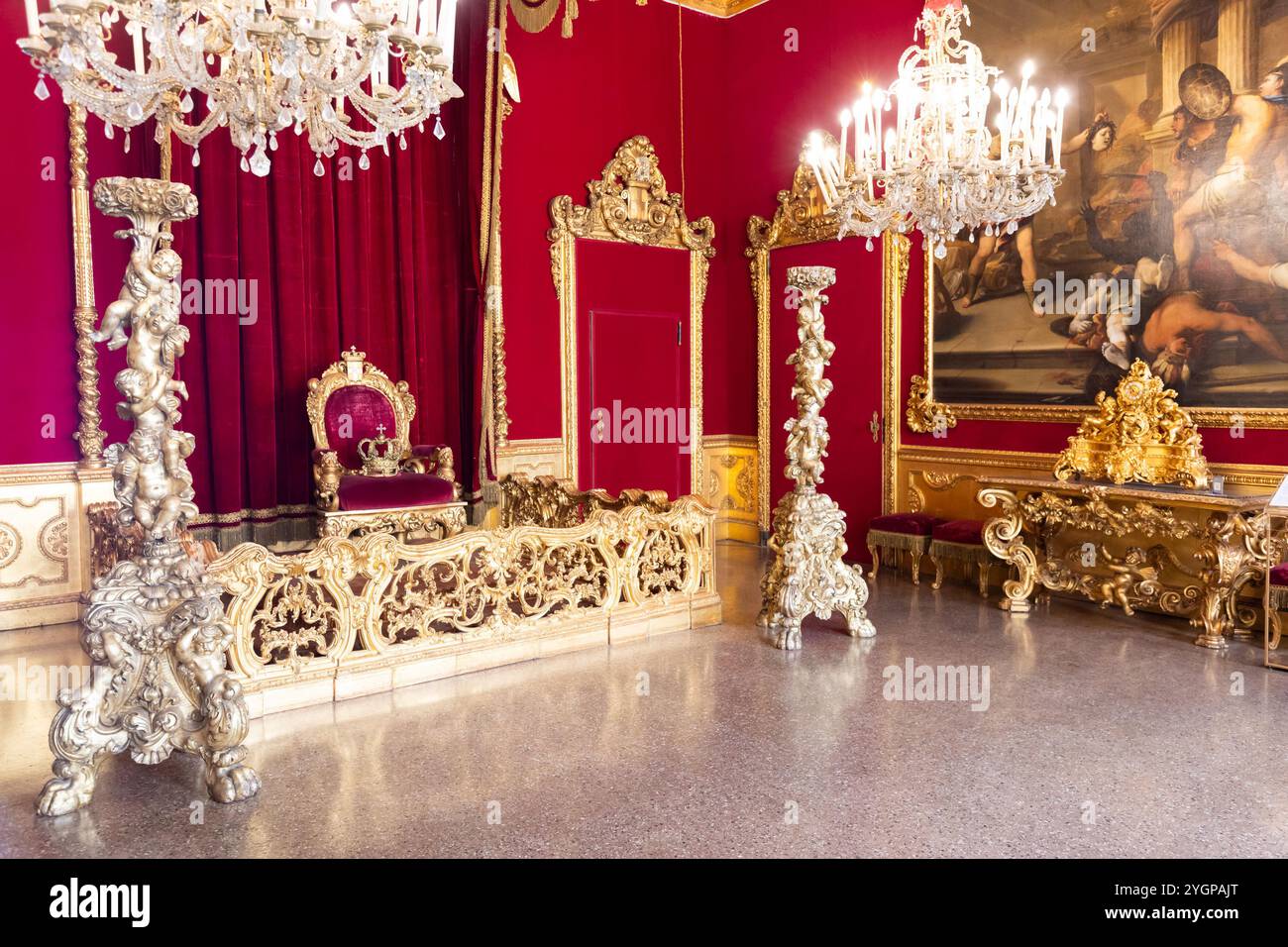 Genoa, Italy - 06 August 2023: Royal Palace, throne room interior, gold ...