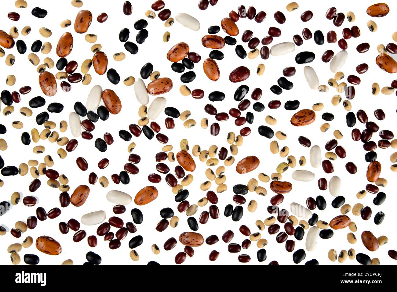 4 varieties of beans scattered in a white background Stock Photo