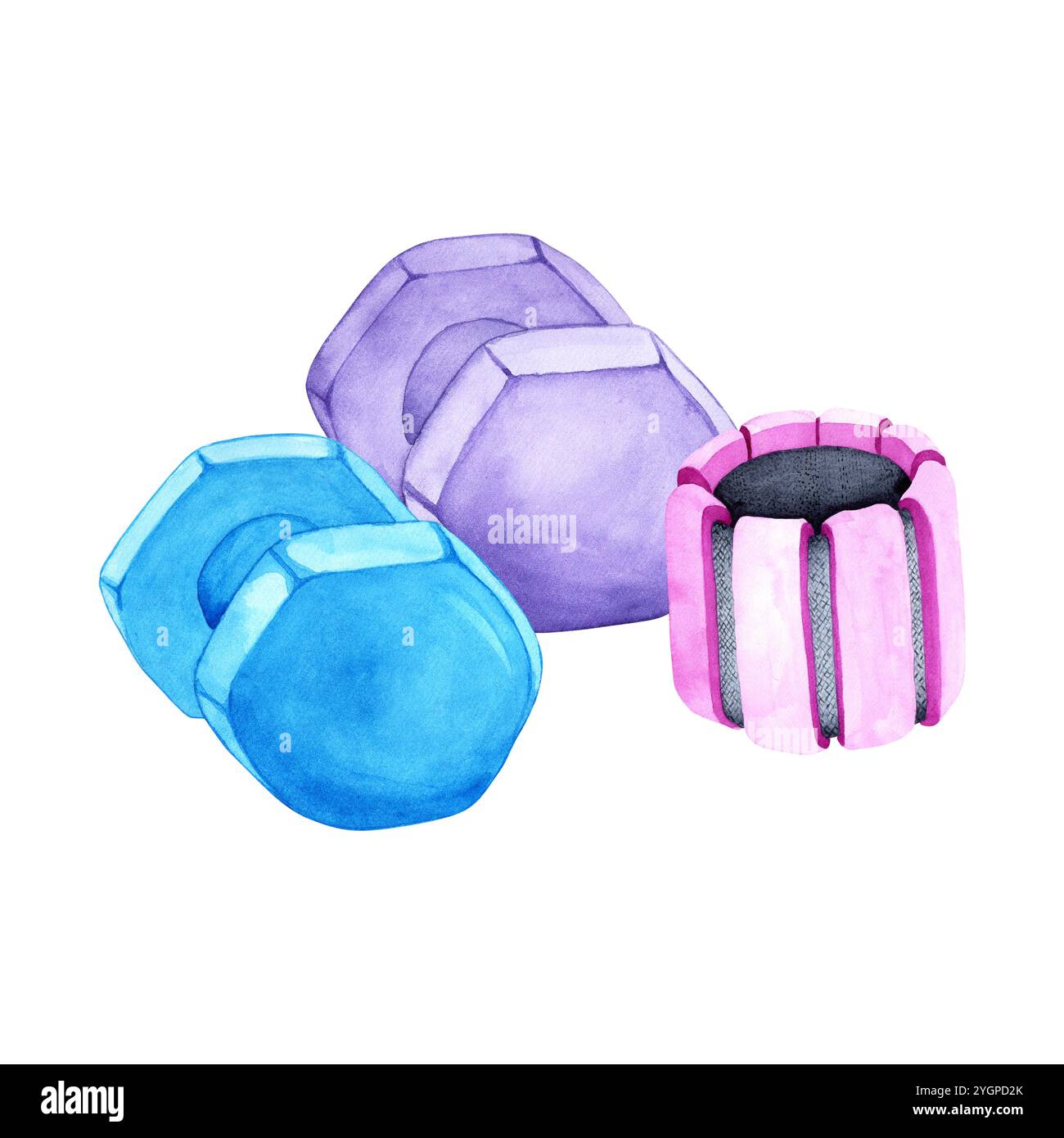 Watercolor illustration of a weight and dumbbells. The drawing is done ...