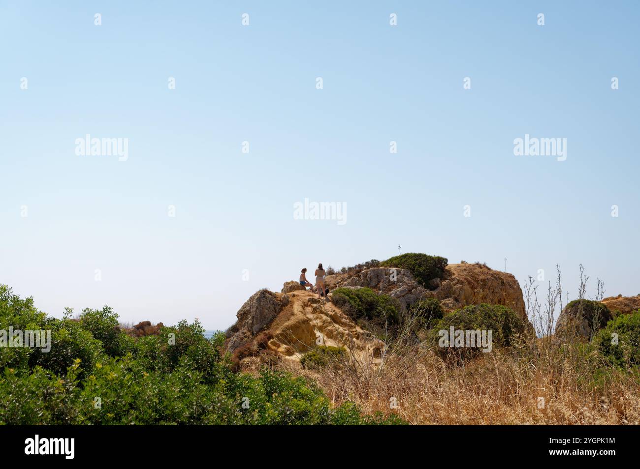 Hikers pause atop a sunlit hill surrounded by greenery, under a vast open sky Stock Photo