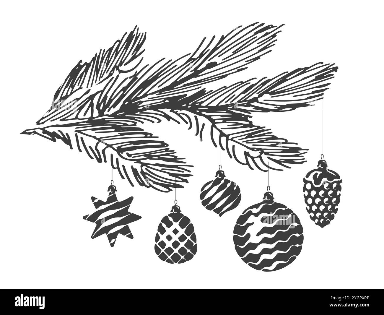 Christmas decorations and balls on fir tree branch. Hand drawn sketch ...