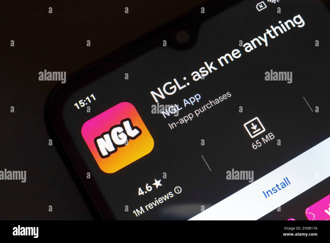 November 8, 2024, Brazil. In this photo illustration, the NGL: ask me anything app logo is displayed on a smartphone screen. Stock Photo