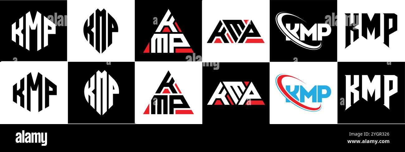 KMP letter logo design in six style. KMP polygon, circle, triangle, hexagon, flat and simple style with black and white color variation letter logo se Stock Vector