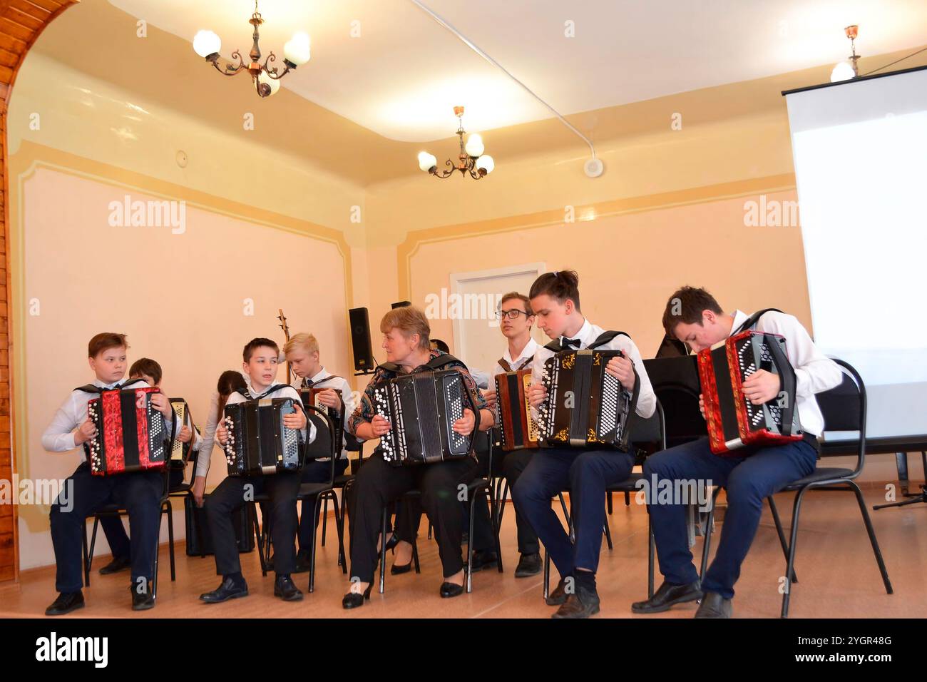 Rzhev, Tver region, Russia, May 26, 2023. Talented Bayan Students Showcase Their Skills in Ensemble Performance. Stock Photo