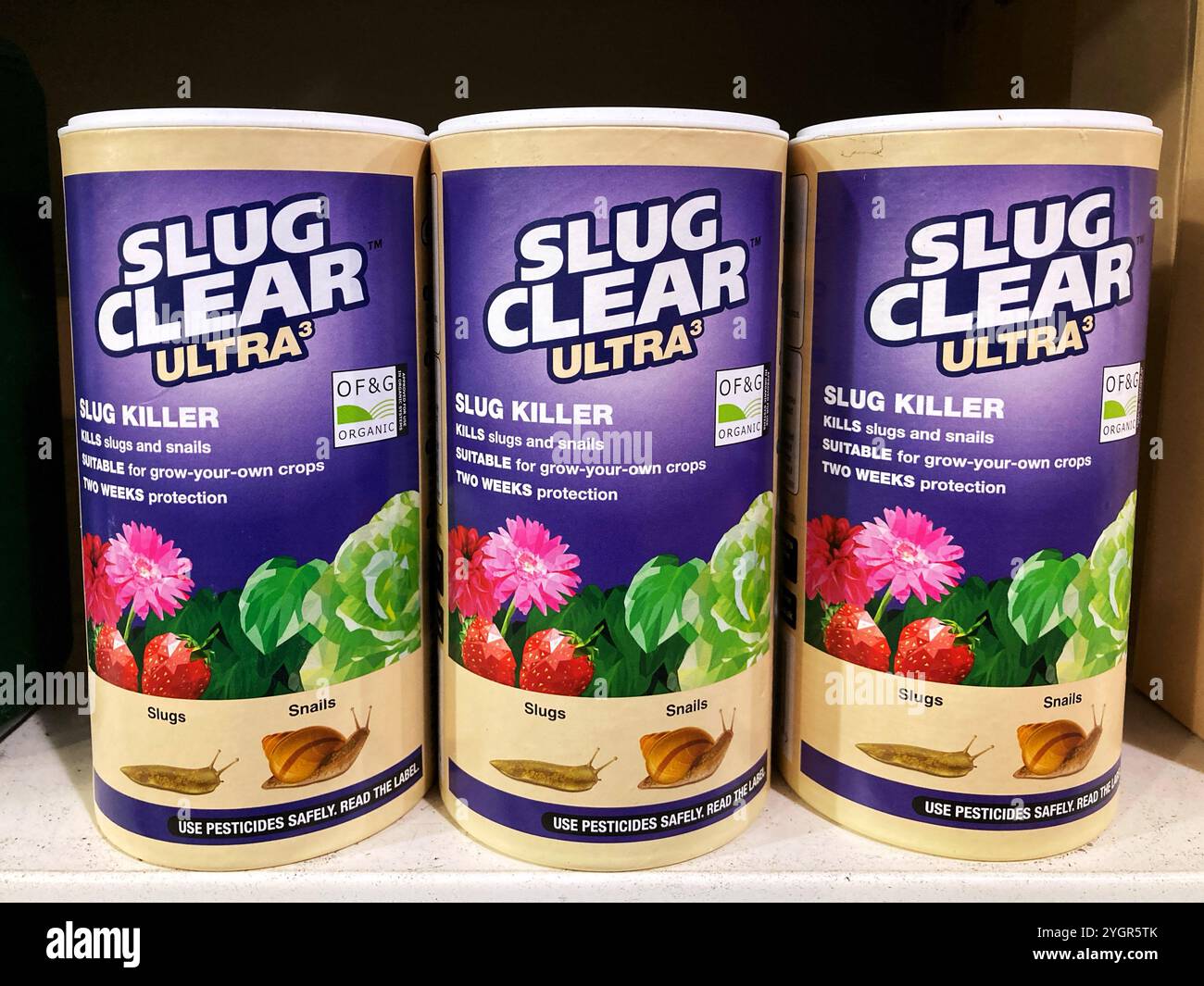 Slug killer pesticide powder for sale at the local garden centre - Smartphone Captured Stock Image