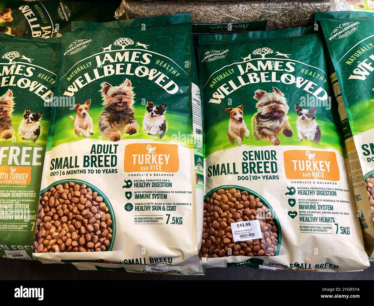 Bags of Turkey & Rice food pellets for small breed dogs, for sale at the garden centre - Smartphone Captured Stock Image