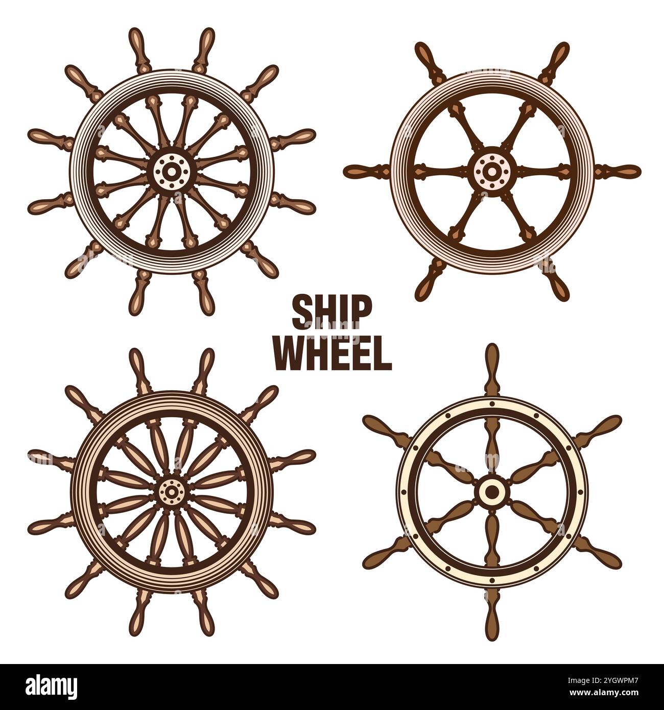Wooden vintage steering wheels. Ship, sailboat or yacht retro wheel ...
