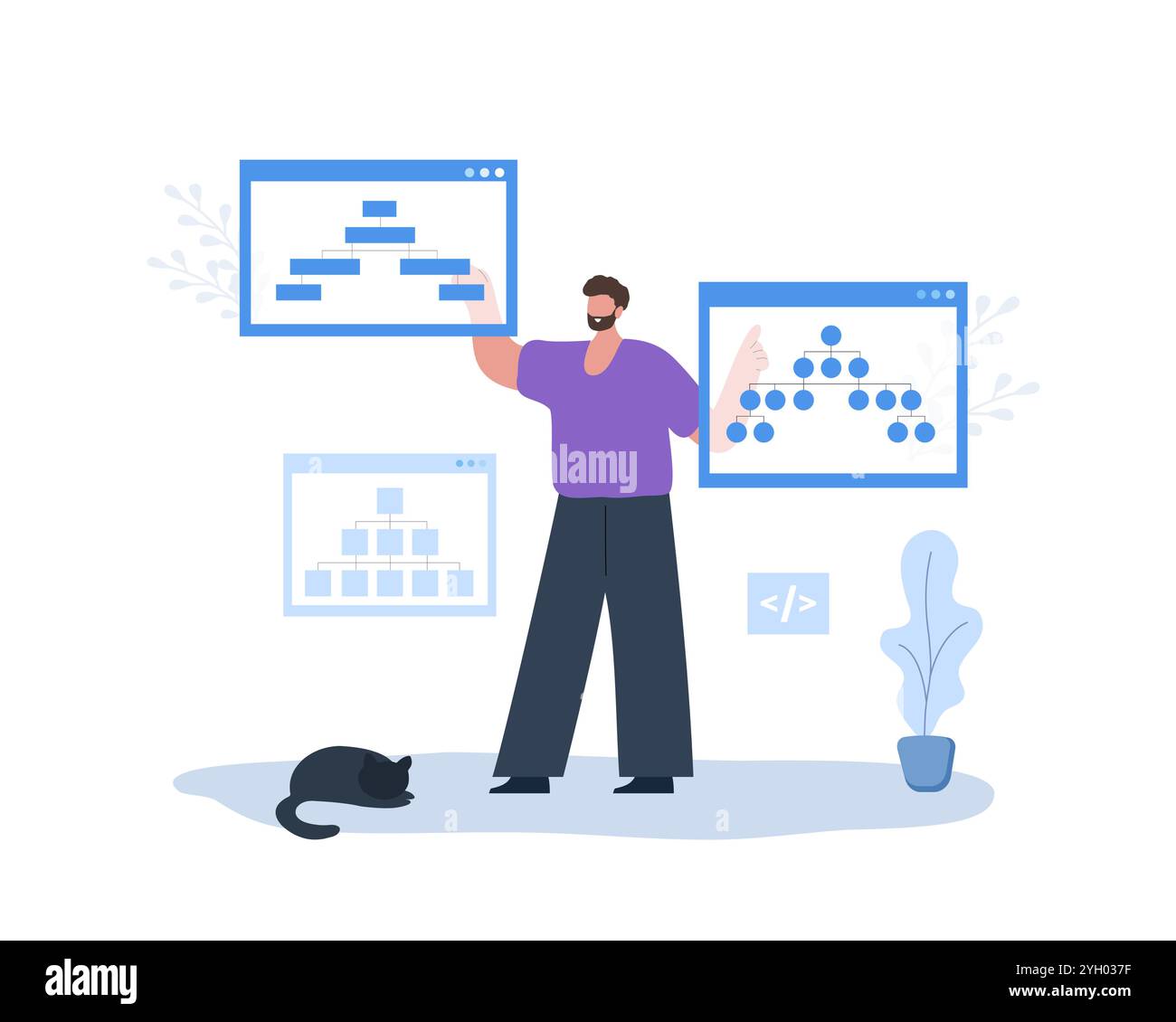 Sitemap Creation process. SEO optimization. Male Developer organizes site architecture. Diagram and structure website. Flowchart UI UX. Vector Stock Vector