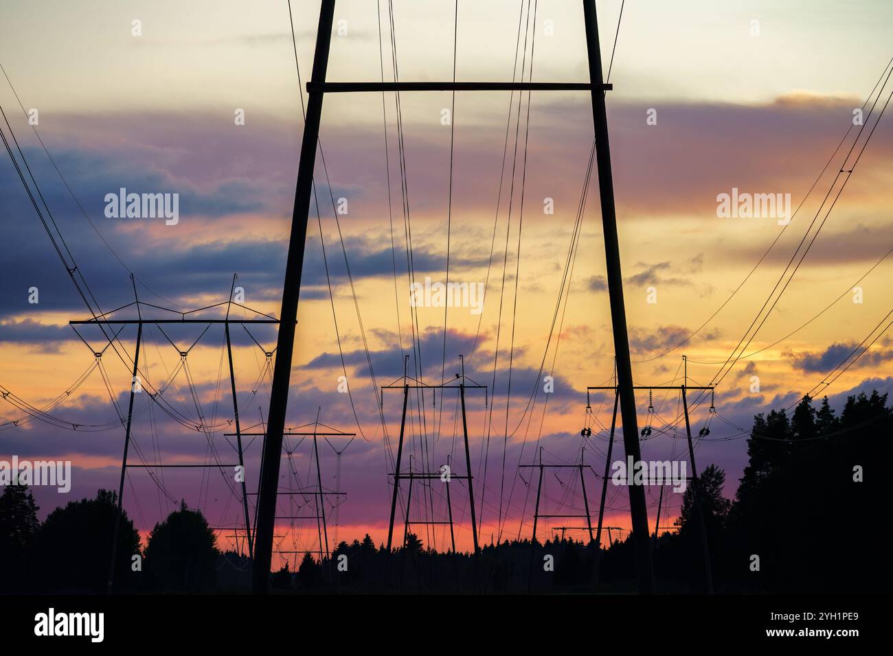 Power lines silhouetted against a vibrant sunset sky near forest Stock ...