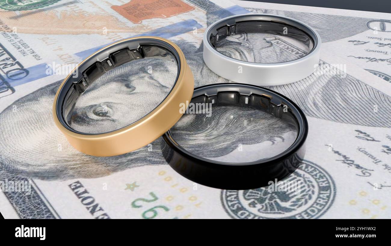 3d rendering of smart rings as wearable electronic device and stack of ...